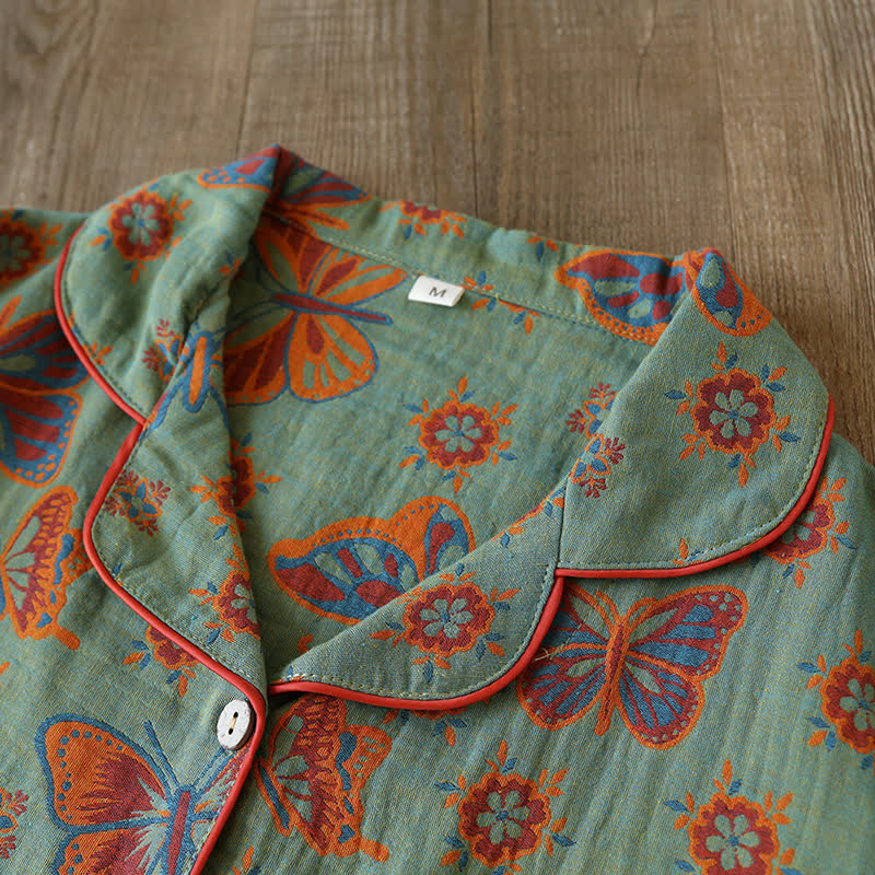 Ensemble de pyjama et vêtements d’intérieur pour femmes en coton, motif papillons vintage, manches longues, pour une détente confortable | Sulvida