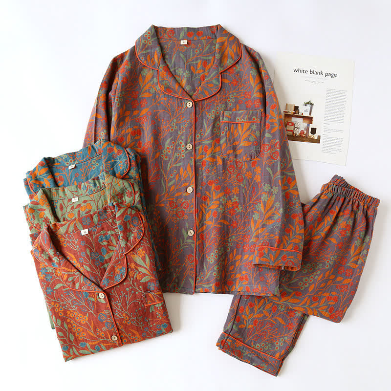 Ensemble de vêtements d’intérieur vintage à motif de feuilles – pyjama en coton à motif jacquard classique pour femmes et hommes – tenue d’intérieur confortable | Sulvida