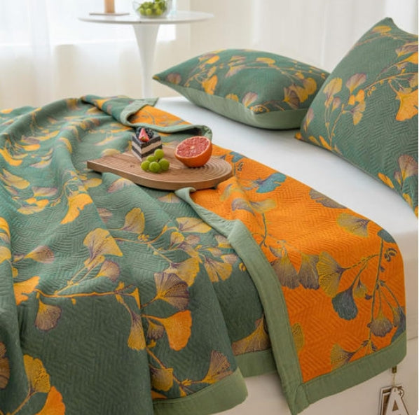 Quilt réversible à motif de feuilles de ginkgo – linge de lit luxueux en jacquard de coton et de fibres de soja pour lits Queen Size et King Size | Sulvida