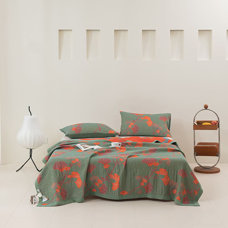 Couette réversible matelassée avec motif de feuilles de ginkgo, 100 % coton, douce et respirante, linge de lit double face pour la chambre en toutes saisons | Sulvida