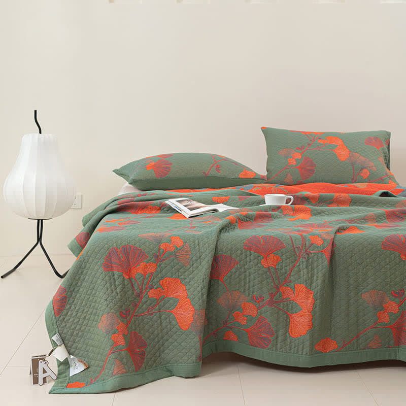 Couette réversible matelassée avec motif de feuilles de ginkgo, 100 % coton, douce et respirante, linge de lit double face pour la chambre en toutes saisons | Sulvida