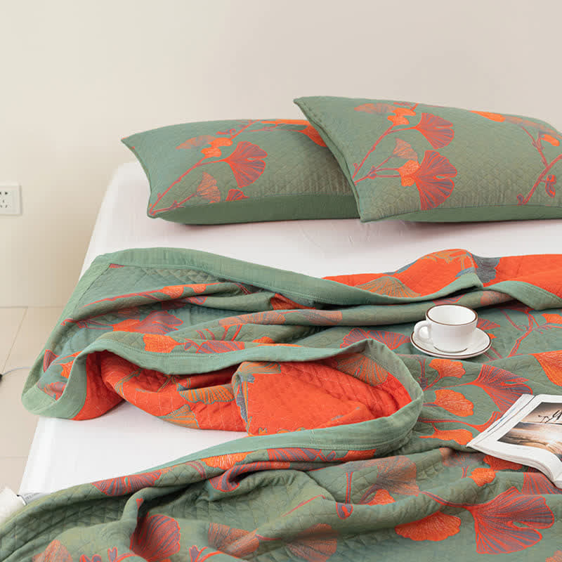 Omkeerbaar Quilt Dekbed met Ginkgo Blad Patroon 100% Katoen Zacht Ademend Tweezijdig Beddengoed voor Alle Seizoenen Slaapkamer | Sulvida