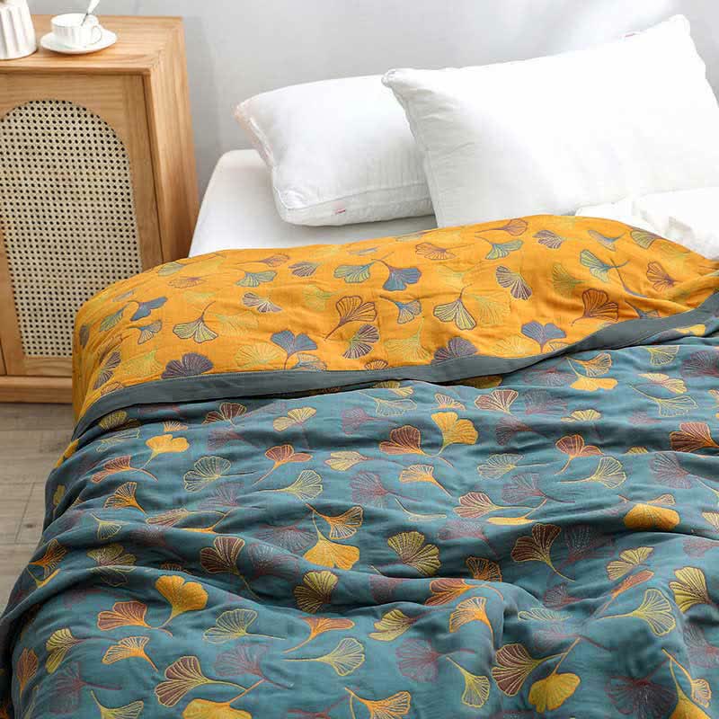 Quilt réversible en coton à motif de feuilles de ginkgo – couette deux personnes avec taie d’oreiller – couvre-lit doux en coton pour lit – housse de couette durable | Sulvida