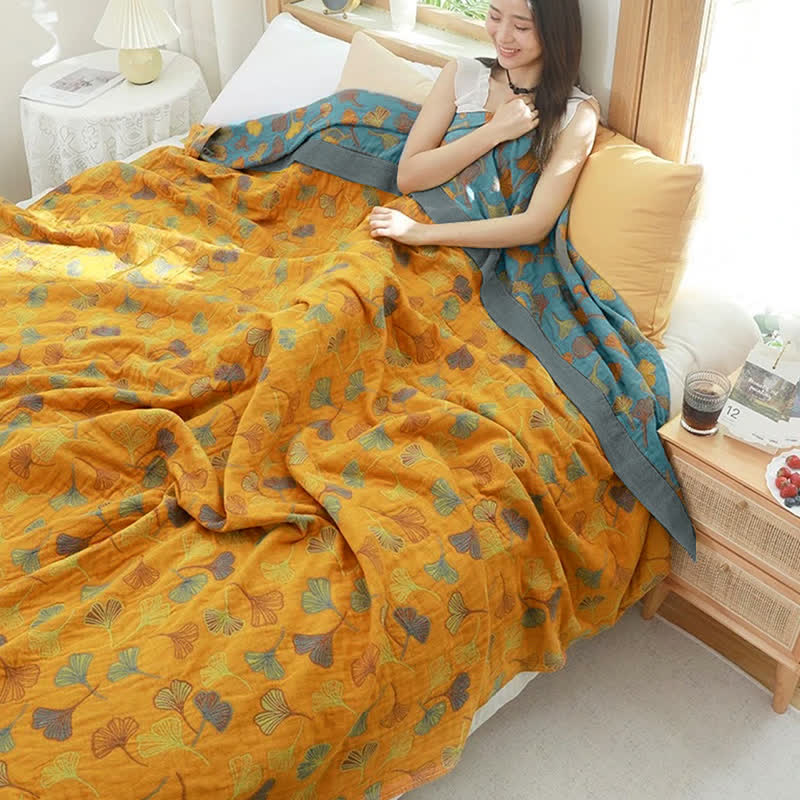 Quilt réversible en coton à motif de feuilles de ginkgo – couette deux personnes avec taie d’oreiller – couvre-lit doux en coton pour lit – housse de couette durable | Sulvida