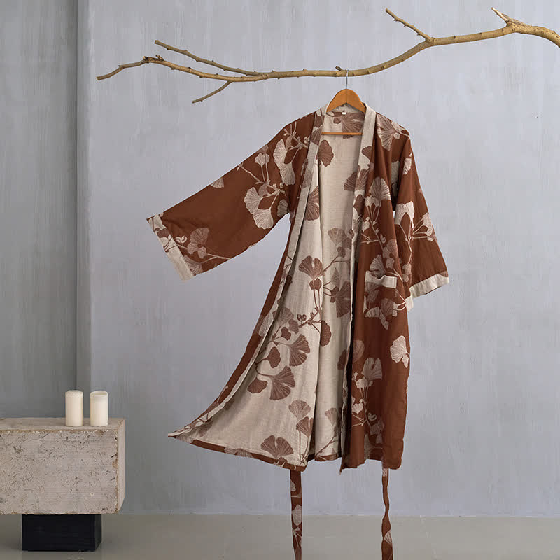 Kimono en coton avec grand motif de feuilles de ginkgo – Robe de chambre en gaze double couche pour femmes et hommes, vêtement d’intérieur en tissu éponge | Sulvida