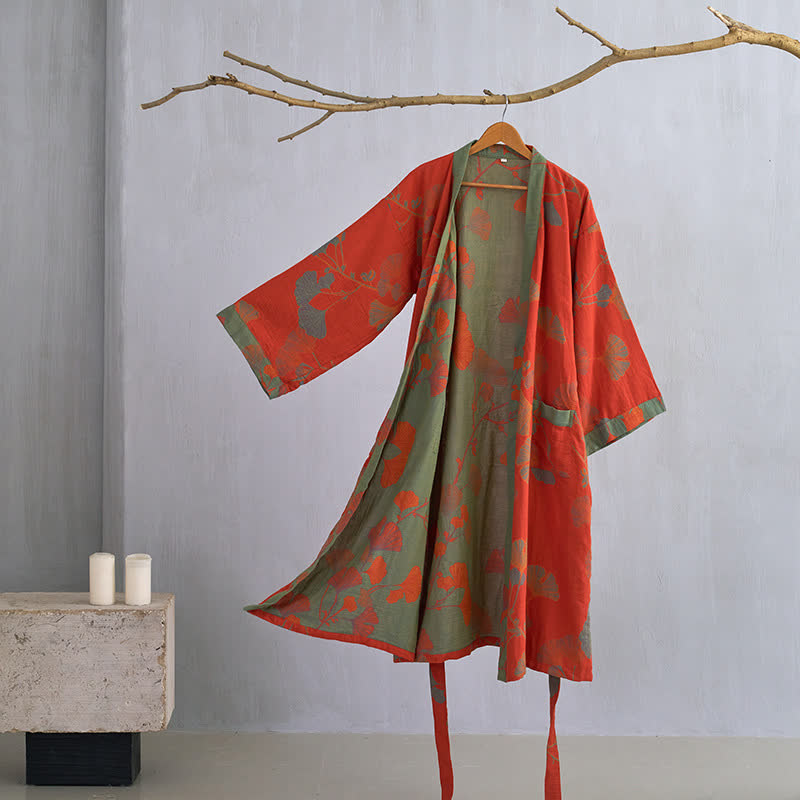 Kimono en coton avec grand motif de feuilles de ginkgo – Robe de chambre en gaze double couche pour femmes et hommes, vêtement d’intérieur en tissu éponge | Sulvida