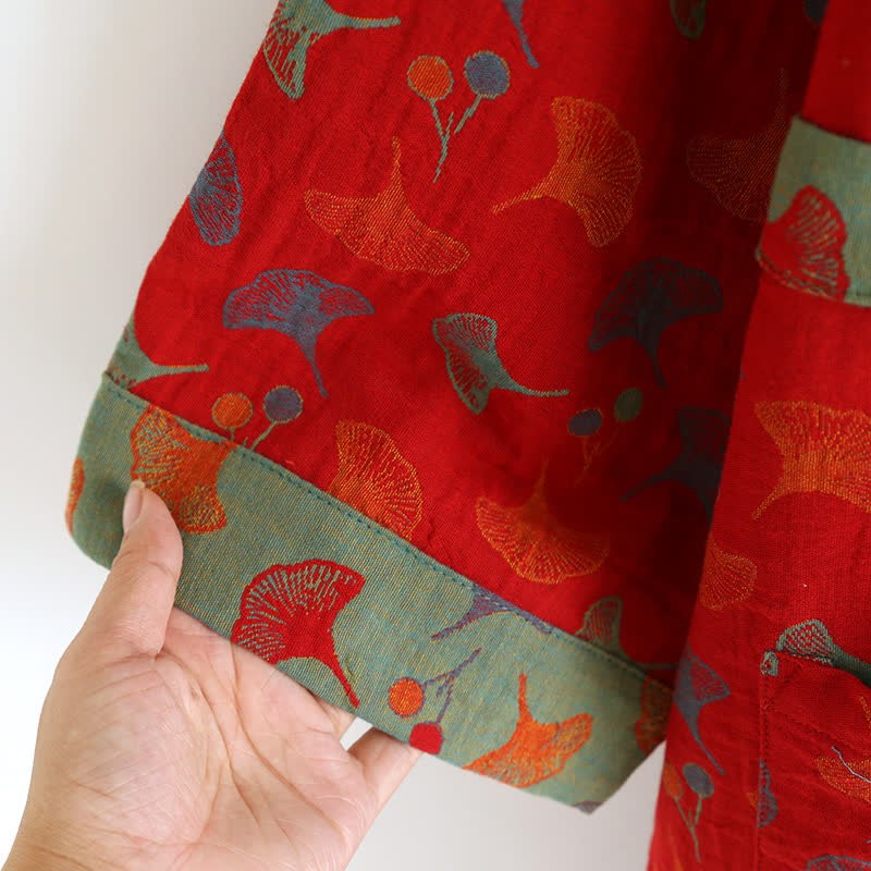 Peignoir kimono en coton avec motif de ginkgo – Robe de chambre bicolore en gaze de coton respirante – Vêtement de nuit unisexe avec taille réglable pour femmes et hommes | Sulvida