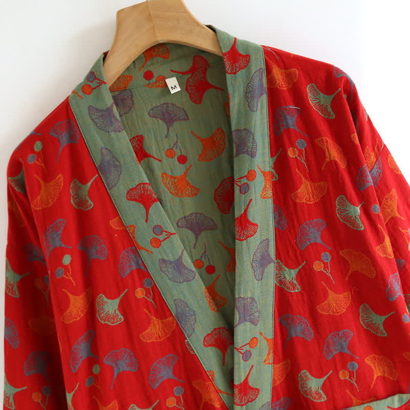 Peignoir kimono en coton avec motif de ginkgo – Robe de chambre bicolore en gaze de coton respirante – Vêtement de nuit unisexe avec taille réglable pour femmes et hommes | Sulvida