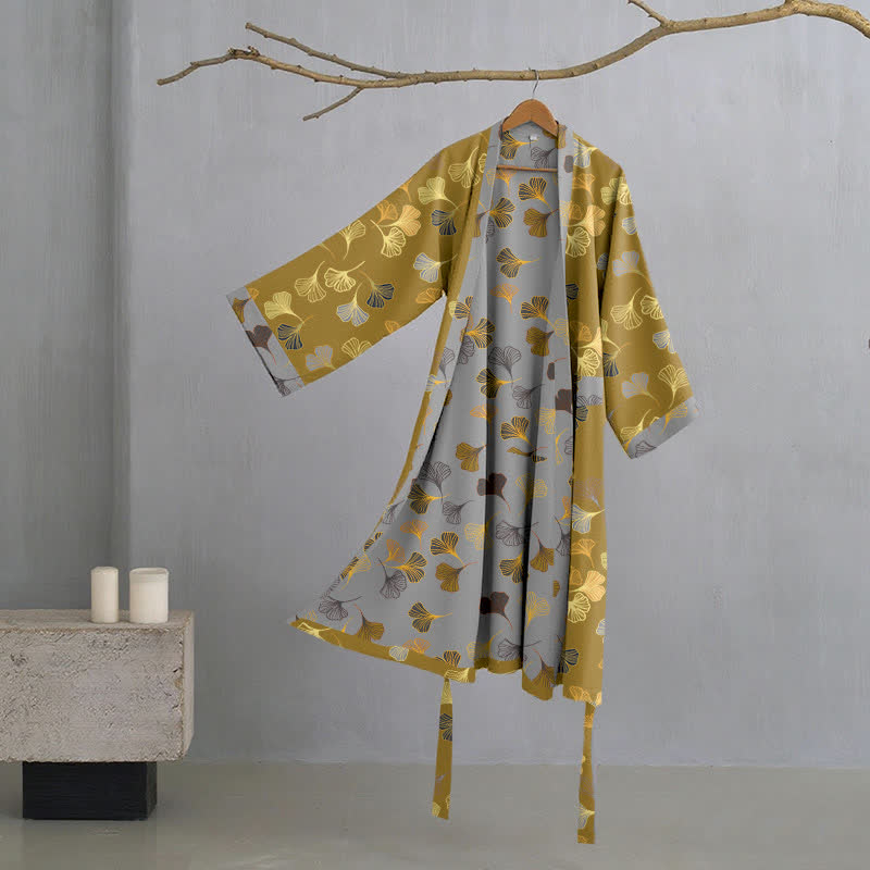 Peignoir kimono luxueux en gaze de coton avec imprimé de Ginkgo biloba | Robe de chambre légère pour femmes et hommes | Tissu respirant en gaze double couche | Sulvida