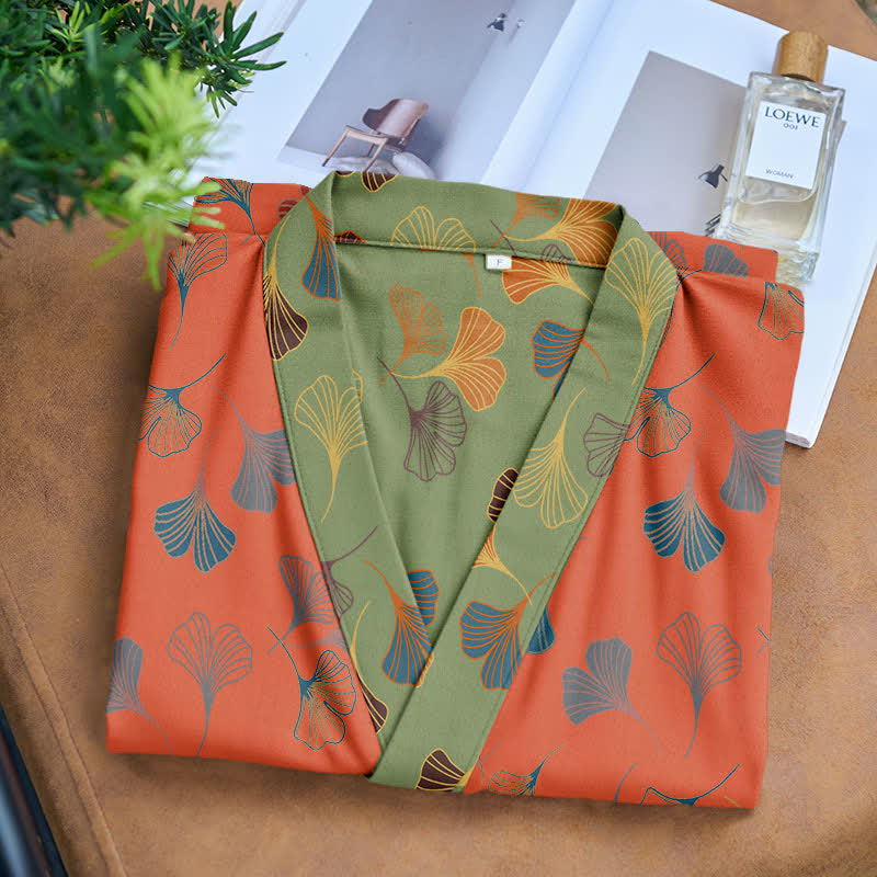 Peignoir kimono luxueux en gaze de coton avec imprimé de Ginkgo biloba | Robe de chambre légère pour femmes et hommes | Tissu respirant en gaze double couche | Sulvida