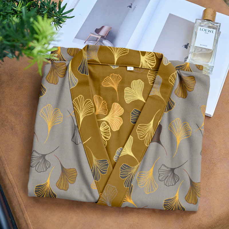 Peignoir kimono luxueux en gaze de coton avec imprimé de Ginkgo biloba | Robe de chambre légère pour femmes et hommes | Tissu respirant en gaze double couche | Sulvida