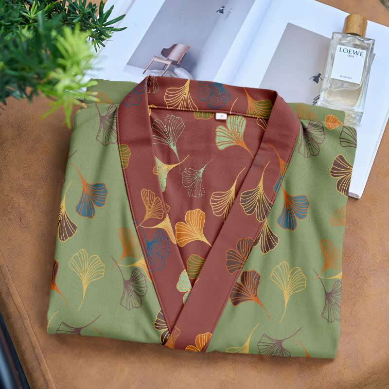 Peignoir kimono luxueux en gaze de coton avec imprimé de Ginkgo biloba | Robe de chambre légère pour femmes et hommes | Tissu respirant en gaze double couche | Sulvida