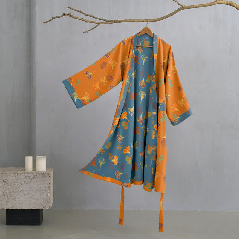 Peignoir kimono luxueux en gaze de coton avec imprimé de Ginkgo biloba | Robe de chambre légère pour femmes et hommes | Tissu respirant en gaze double couche | Sulvida