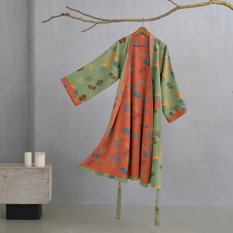 Peignoir kimono luxueux en gaze de coton avec imprimé de Ginkgo biloba | Robe de chambre légère pour femmes et hommes | Tissu respirant en gaze double couche | Sulvida