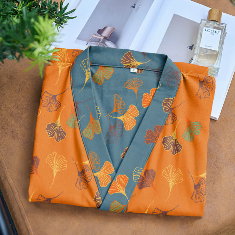 Peignoir kimono luxueux en gaze de coton avec imprimé de Ginkgo biloba | Robe de chambre légère pour femmes et hommes | Tissu respirant en gaze double couche | Sulvida