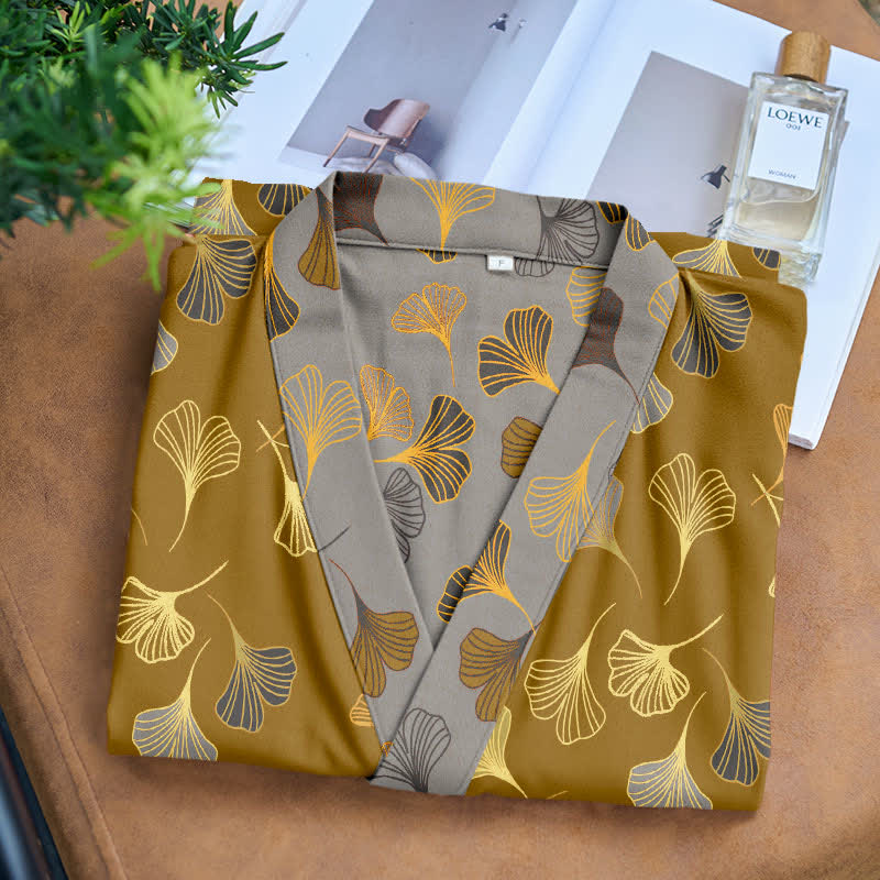 Peignoir kimono luxueux en gaze de coton avec imprimé de Ginkgo biloba | Robe de chambre légère pour femmes et hommes | Tissu respirant en gaze double couche | Sulvida