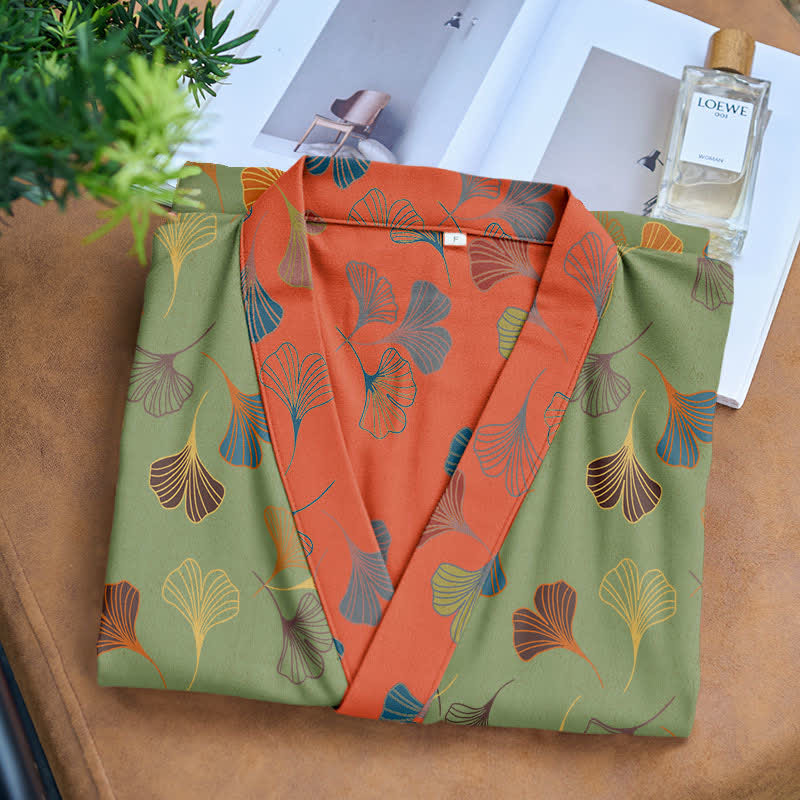Peignoir kimono luxueux en gaze de coton avec imprimé de Ginkgo biloba | Robe de chambre légère pour femmes et hommes | Tissu respirant en gaze double couche | Sulvida