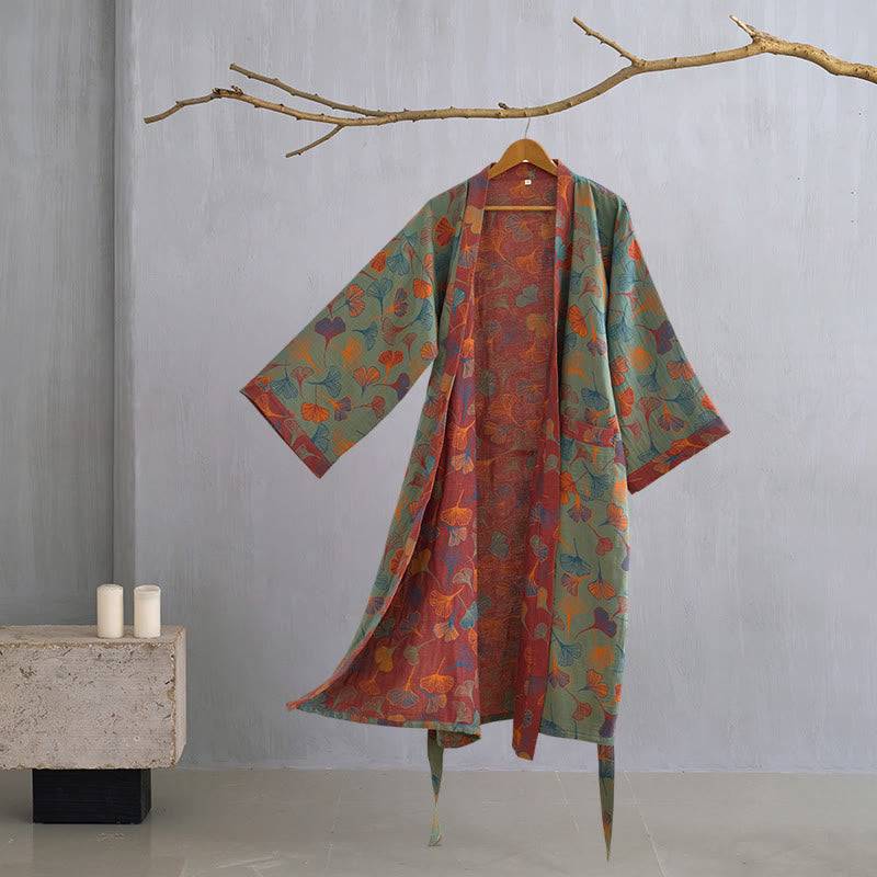 Peignoir kimono luxueux en gaze de coton avec imprimé de Ginkgo biloba | Robe de chambre légère pour femmes et hommes | Tissu respirant en gaze double couche | Sulvida