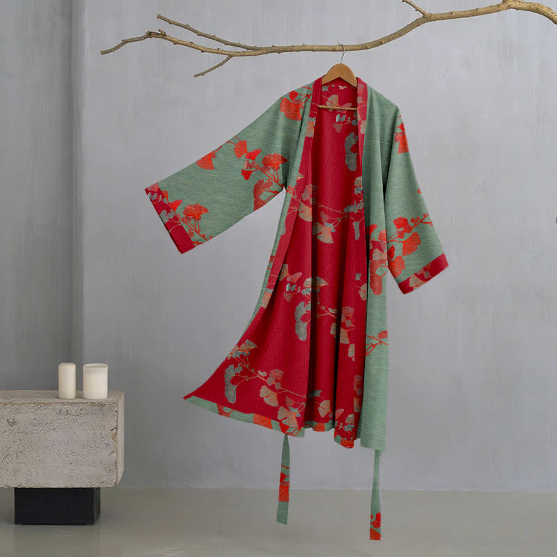 Organisch Katoenen Kimono Badjas met Ginkgo Bladeren Patroon – Omkeerbaar Tweekleurig Design voor Dames en Heren – Luchtige Gaas Kwaliteit – Luxe Loungewear met Bijpassende Riem | Sulvida