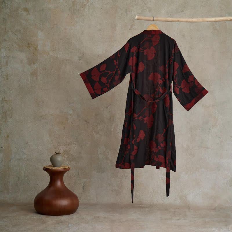 Kimono en coton avec grand motif de feuilles de ginkgo – Robe de chambre en gaze double couche pour femmes et hommes, vêtement d’intérieur en tissu éponge | Sulvida