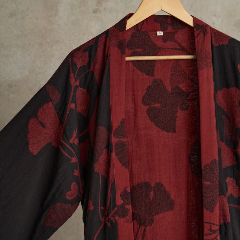 Kimono en coton avec grand motif de feuilles de ginkgo – Robe de chambre en gaze double couche pour femmes et hommes, vêtement d’intérieur en tissu éponge | Sulvida