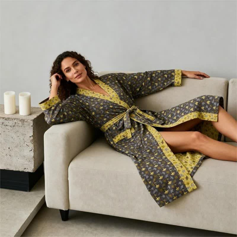 Peignoir kimono en coton avec motif de ginkgo – Robe de chambre bicolore en gaze de coton respirante – Vêtement de nuit unisexe avec taille réglable pour femmes et hommes | Sulvida