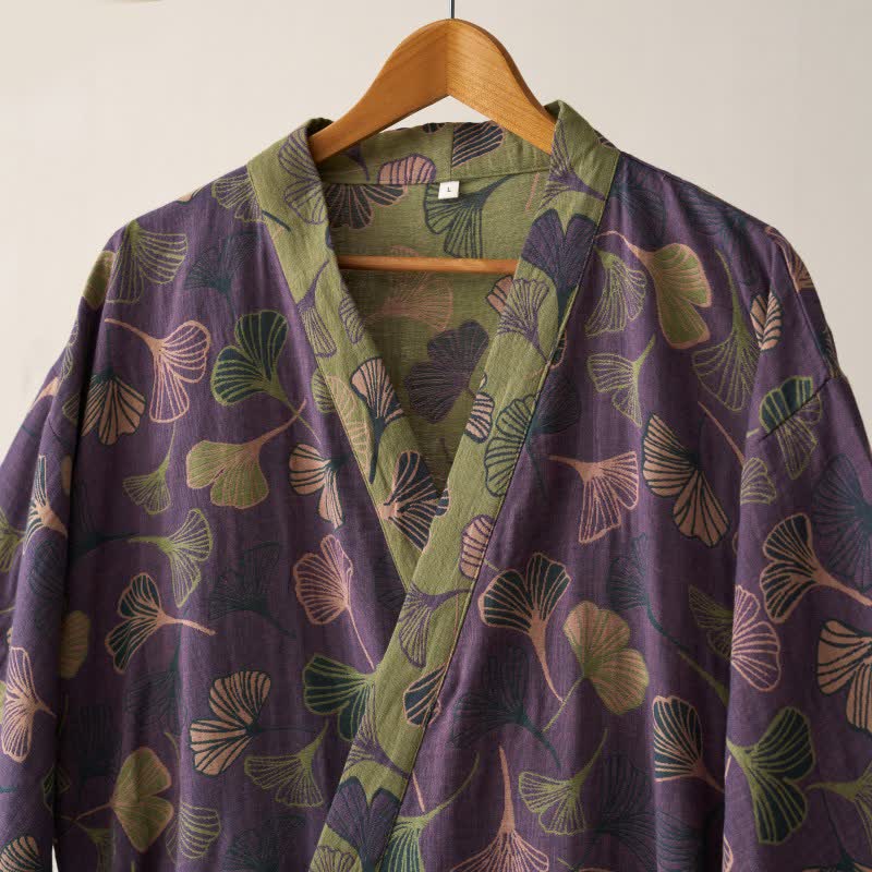 Peignoir kimono luxueux en gaze de coton avec imprimé de Ginkgo biloba | Robe de chambre légère pour femmes et hommes | Tissu respirant en gaze double couche | Sulvida