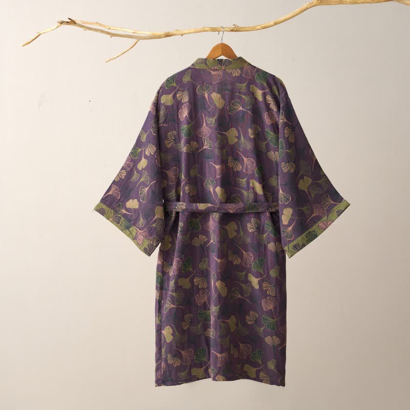 Peignoir kimono luxueux en gaze de coton avec imprimé de Ginkgo biloba | Robe de chambre légère pour femmes et hommes | Tissu respirant en gaze double couche | Sulvida