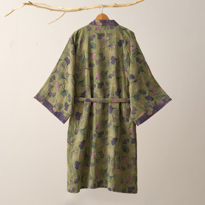 Peignoir kimono luxueux en gaze de coton avec imprimé de Ginkgo biloba | Robe de chambre légère pour femmes et hommes | Tissu respirant en gaze double couche | Sulvida