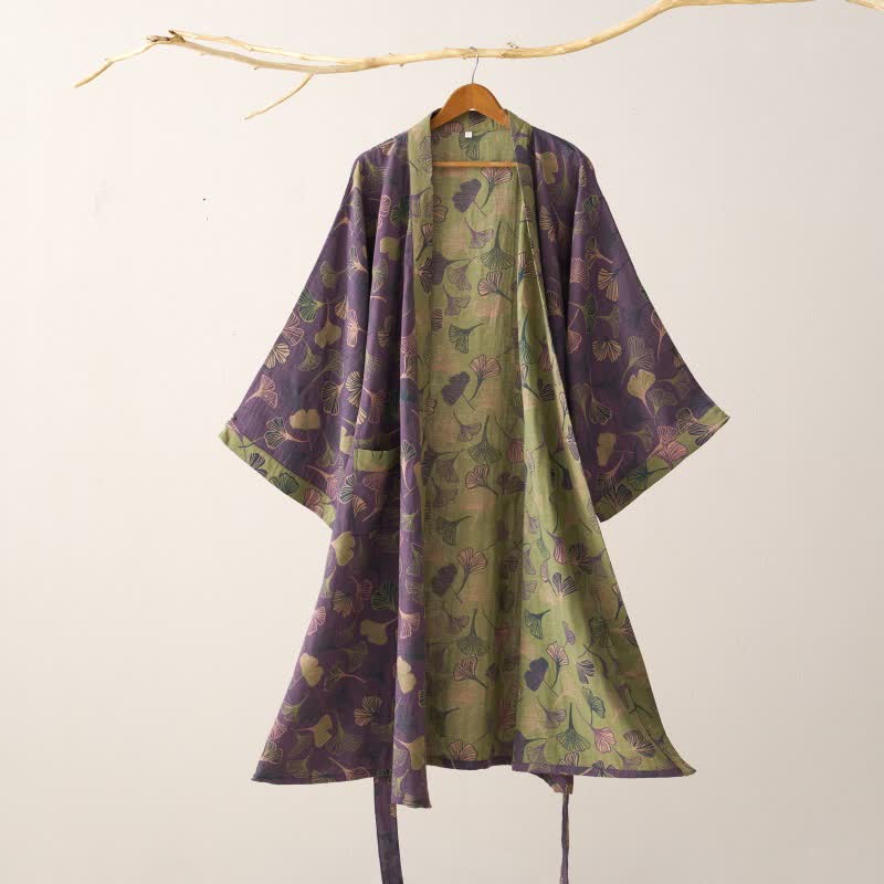 Peignoir kimono luxueux en gaze de coton avec imprimé de Ginkgo biloba | Robe de chambre légère pour femmes et hommes | Tissu respirant en gaze double couche | Sulvida