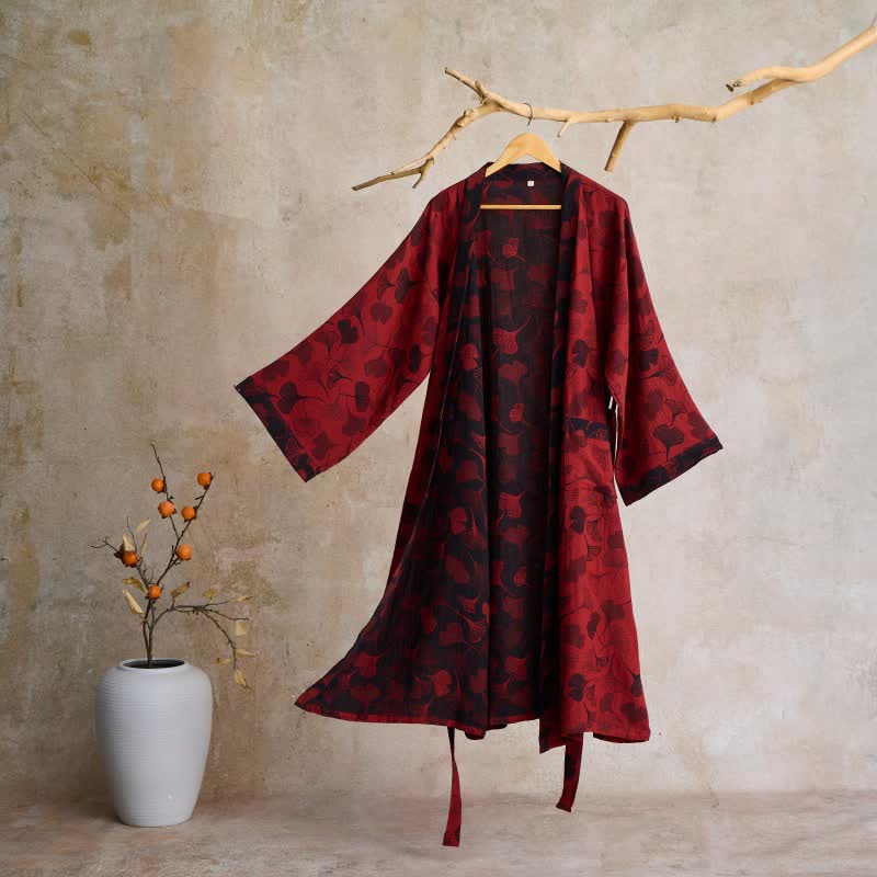 Peignoir kimono luxueux en gaze de coton avec imprimé de Ginkgo biloba | Robe de chambre légère pour femmes et hommes | Tissu respirant en gaze double couche | Sulvida