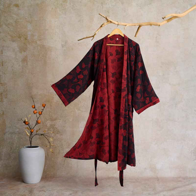 Peignoir kimono luxueux en gaze de coton avec imprimé de Ginkgo biloba | Robe de chambre légère pour femmes et hommes | Tissu respirant en gaze double couche | Sulvida