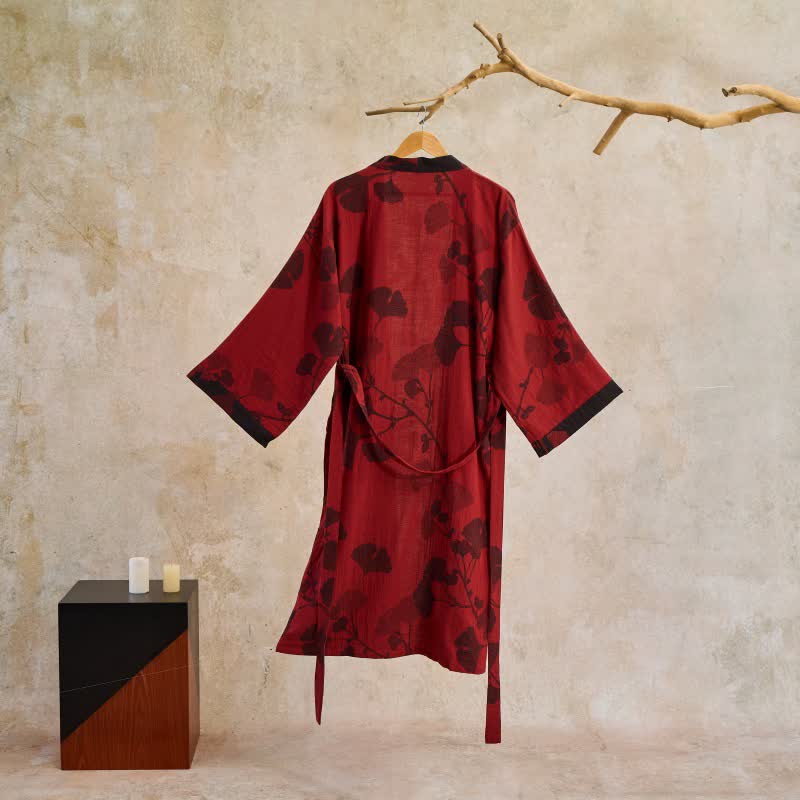 Kimono en coton avec grand motif de feuilles de ginkgo – Robe de chambre en gaze double couche pour femmes et hommes, vêtement d’intérieur en tissu éponge | Sulvida