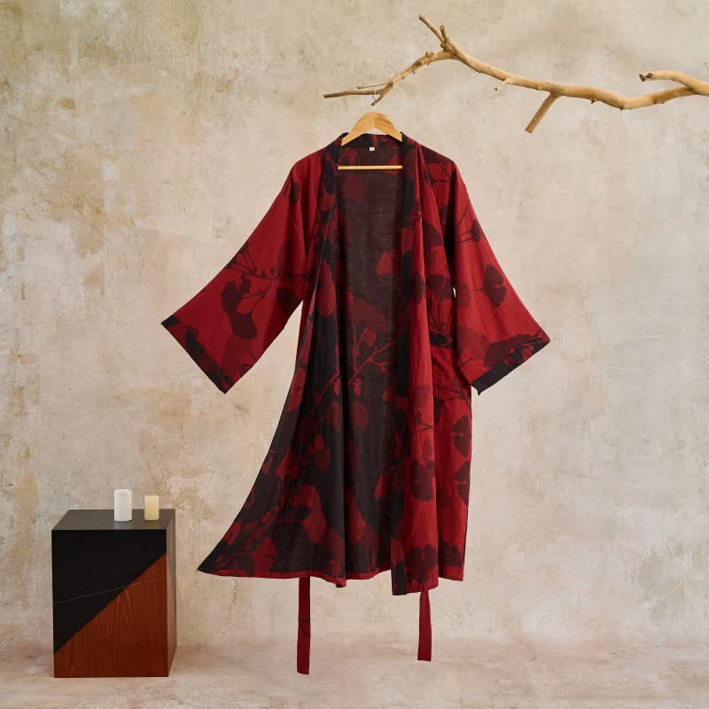 Kimono en coton avec grand motif de feuilles de ginkgo – Robe de chambre en gaze double couche pour femmes et hommes, vêtement d’intérieur en tissu éponge | Sulvida