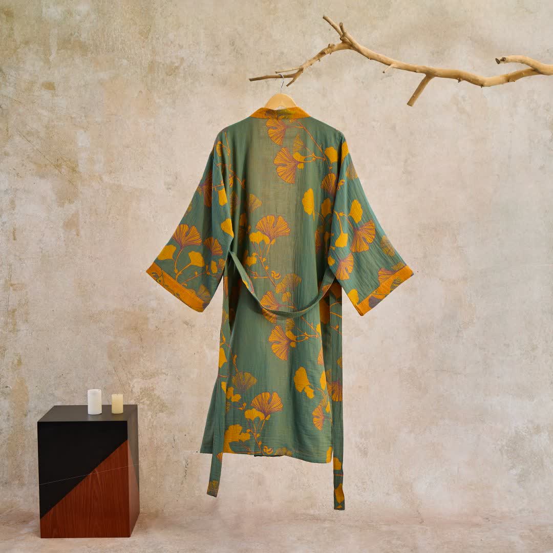 Kimono en coton avec grand motif de feuilles de ginkgo – Robe de chambre en gaze double couche pour femmes et hommes, vêtement d’intérieur en tissu éponge | Sulvida