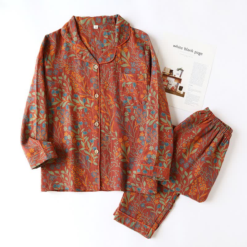 Ensemble de vêtements d’intérieur vintage à motif de feuilles – pyjama en coton à motif jacquard classique pour femmes et hommes – tenue d’intérieur confortable | Sulvida