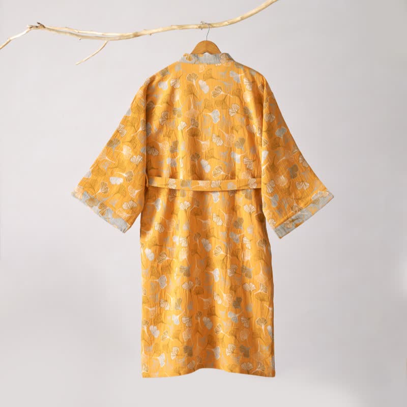 Peignoir kimono luxueux en gaze de coton avec imprimé de Ginkgo biloba | Robe de chambre légère pour femmes et hommes | Tissu respirant en gaze double couche | Sulvida