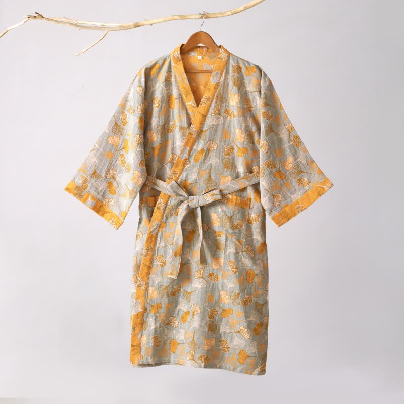 Peignoir kimono luxueux en gaze de coton avec imprimé de Ginkgo biloba | Robe de chambre légère pour femmes et hommes | Tissu respirant en gaze double couche | Sulvida