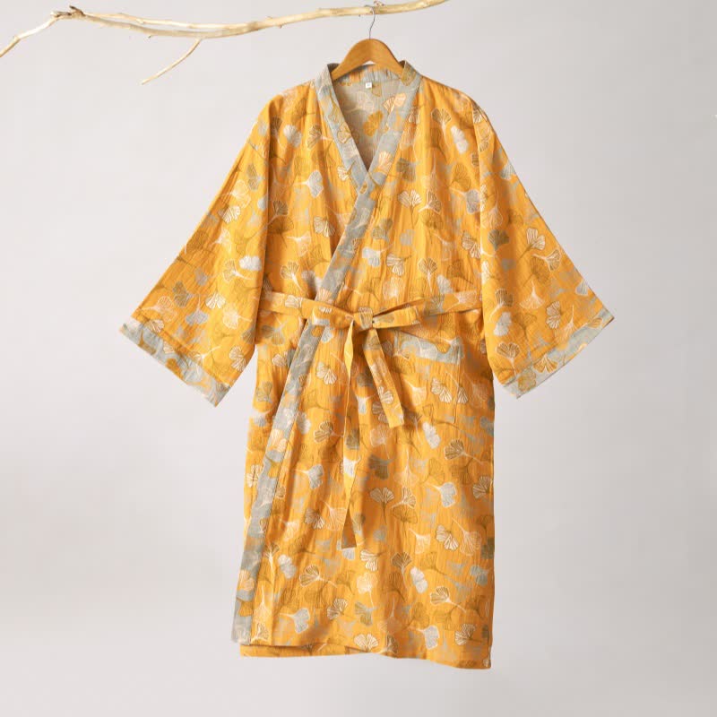 Peignoir kimono luxueux en gaze de coton avec imprimé de Ginkgo biloba | Robe de chambre légère pour femmes et hommes | Tissu respirant en gaze double couche | Sulvida