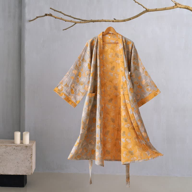 Peignoir kimono luxueux en gaze de coton avec imprimé de Ginkgo biloba | Robe de chambre légère pour femmes et hommes | Tissu respirant en gaze double couche | Sulvida