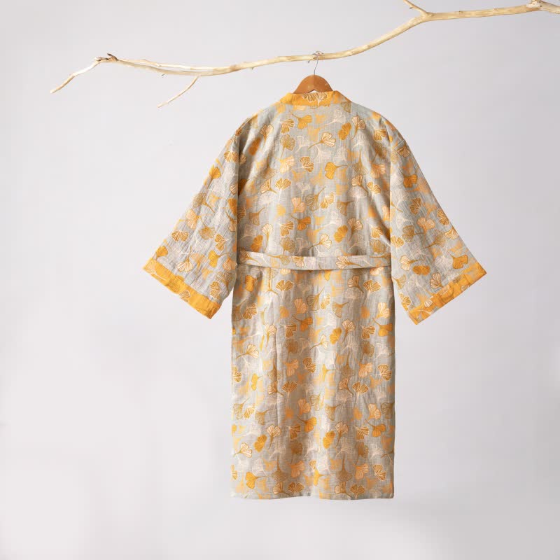 Peignoir kimono luxueux en gaze de coton avec imprimé de Ginkgo biloba | Robe de chambre légère pour femmes et hommes | Tissu respirant en gaze double couche | Sulvida