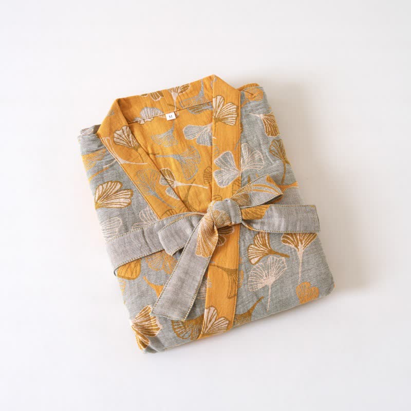 Peignoir kimono luxueux en gaze de coton avec imprimé de Ginkgo biloba | Robe de chambre légère pour femmes et hommes | Tissu respirant en gaze double couche | Sulvida