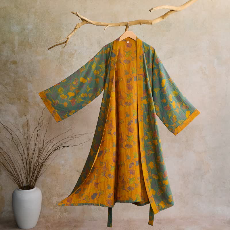 Peignoir kimono luxueux en gaze de coton avec imprimé de Ginkgo biloba | Robe de chambre légère pour femmes et hommes | Tissu respirant en gaze double couche | Sulvida