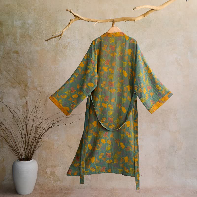 Peignoir kimono luxueux en gaze de coton avec imprimé de Ginkgo biloba | Robe de chambre légère pour femmes et hommes | Tissu respirant en gaze double couche | Sulvida