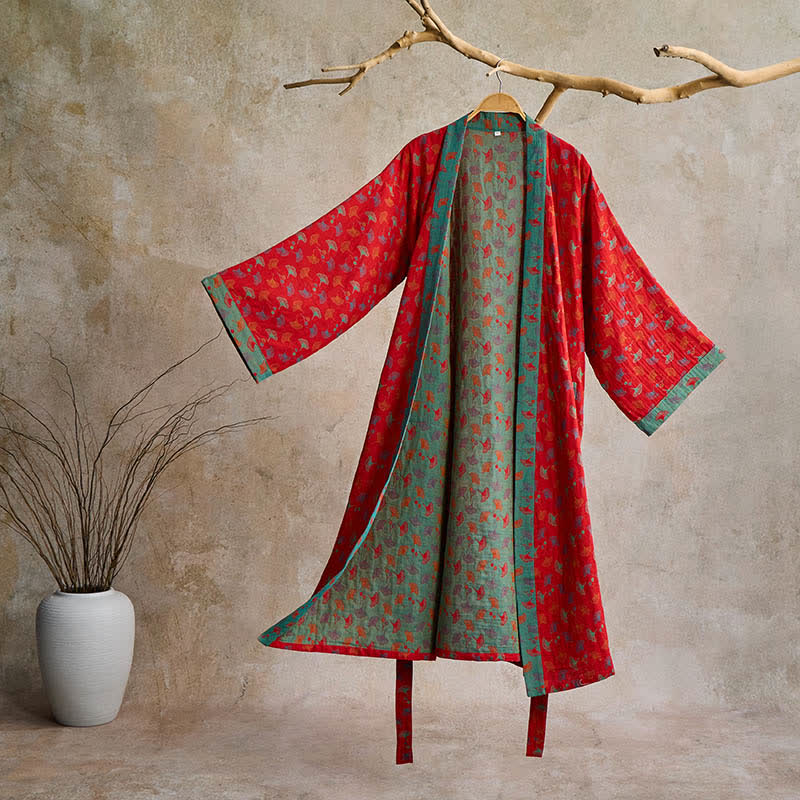 Peignoir kimono en coton avec motif de ginkgo – Robe de chambre bicolore en gaze de coton respirante – Vêtement de nuit unisexe avec taille réglable pour femmes et hommes | Sulvida