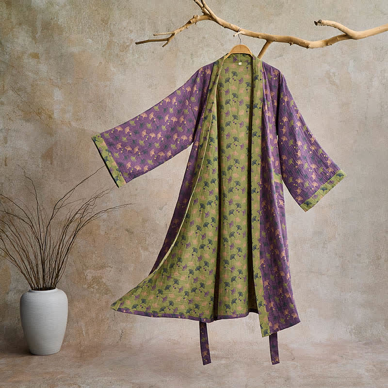 Peignoir kimono en coton avec motif de ginkgo – Robe de chambre bicolore en gaze de coton respirante – Vêtement de nuit unisexe avec taille réglable pour femmes et hommes | Sulvida