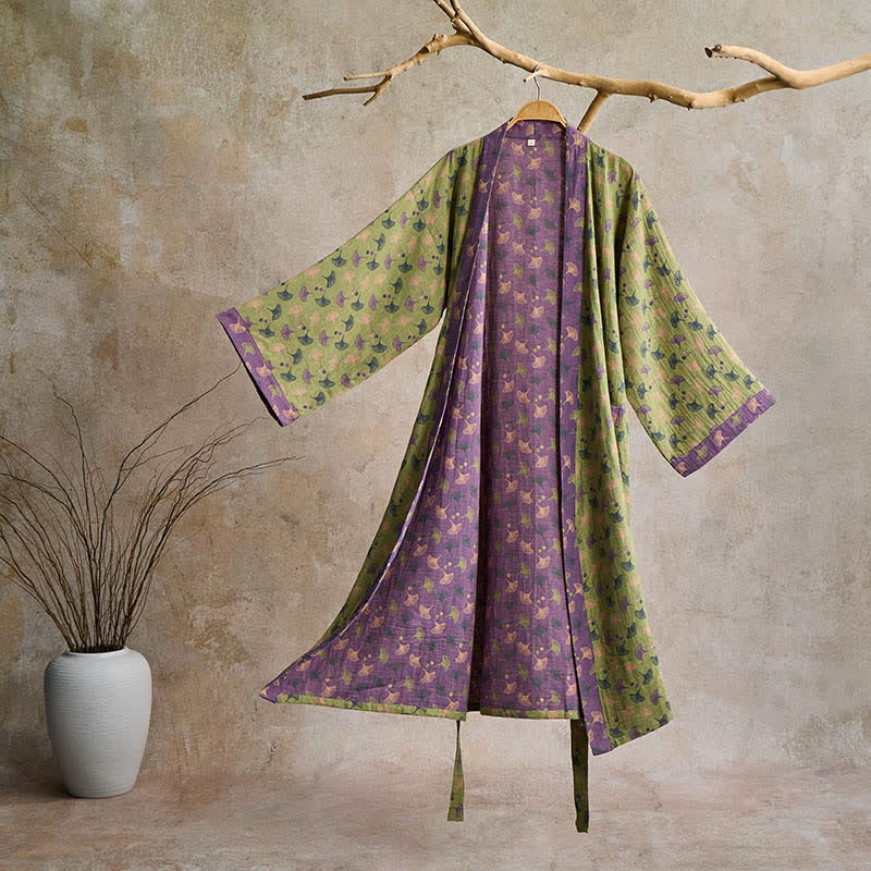 Peignoir kimono en coton avec motif de ginkgo – Robe de chambre bicolore en gaze de coton respirante – Vêtement de nuit unisexe avec taille réglable pour femmes et hommes | Sulvida