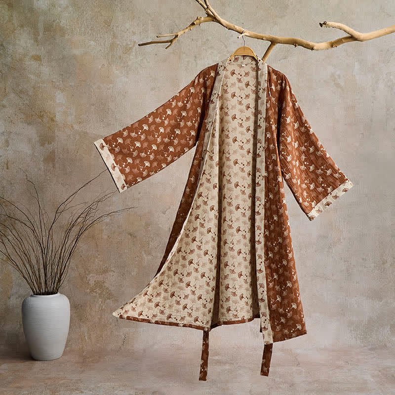 Peignoir kimono en coton avec motif de ginkgo – Robe de chambre bicolore en gaze de coton respirante – Vêtement de nuit unisexe avec taille réglable pour femmes et hommes | Sulvida