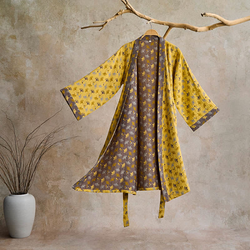 Peignoir kimono en coton avec motif de ginkgo – Robe de chambre bicolore en gaze de coton respirante – Vêtement de nuit unisexe avec taille réglable pour femmes et hommes | Sulvida