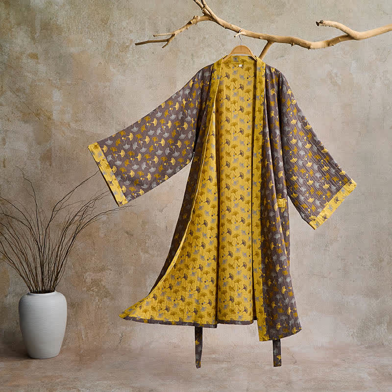 Peignoir kimono en coton avec motif de ginkgo – Robe de chambre bicolore en gaze de coton respirante – Vêtement de nuit unisexe avec taille réglable pour femmes et hommes | Sulvida